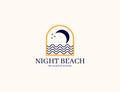 Elegant night beach with moon and wave logo