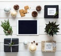 Elegant nordic retro christmas background, desk view from above, online shopping