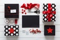 Elegant nordic retro christmas, wrapping station, desk view from above, letter to santa