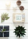 Elegant nordic retro christmas, wrapping station, desk view from above, online shopping