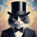 White-grey cat wearing tuxedo suits and black top hat in oil painting art style on abstract backgroundIn Royalty Free Stock Photo