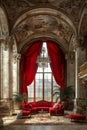 Elegant opera house lounge with red velvet drapes and antique furniture.3D render Royalty Free Stock Photo