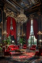 Elegant opera house lounge with red velvet drapes and antique furniture.3D render