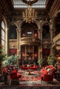 Elegant opera house lounge with red velvet drapes and antique furniture.3D render Royalty Free Stock Photo