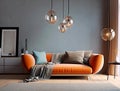 Elegant orange sofa against grey stucco wall and cabinet. Scandinavian style home interior design of modern living room. Created Royalty Free Stock Photo