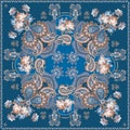 Elegant oriental paisley ornament and bunches of roses on blue background. Shawl, tablecloth, square carpet Royalty Free Stock Photo