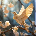 Elegant Origami Bird on branch with cherry blossom