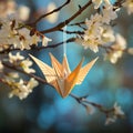 Elegant Origami Birdhanging on tree with cherry blossom