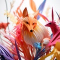Elegant Origami Masterpieces: Vibrant Animals, Plants, and Geometric Designs on a Minimalistic Wooden Platform