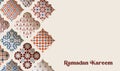 Elegant ornamental warm colored Moroccan tiles, patterns. Arabesque window. Greeting card, invitation. Muslim holiday