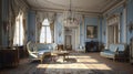 Elegant Ornate Interior With Blue Furniture In The Style Of Vray Tracing