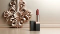Elegant ornate wall design in champagne gold with a dark red lipstick on the side. AI Generated