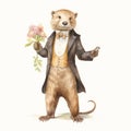 Elegant Otter In Historical Romanticism Suit Holding Flowers