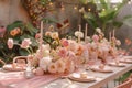 Elegant Outdoor Garden Party Setup with Floral Decorations, Festive Lights, and Table Setting Royalty Free Stock Photo