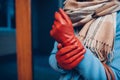 Elegant outfit. Closeup of of stylish woman in coat, scarf and brown gloves. Fashionable girl on the street.