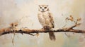 Elegant Owl On Tree Branch: Impasto Minimalistic Zen Painting