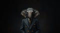 An elegant pachyderm in formal attire stands out against sleek black background