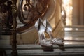 Elegant pair of designer high-heels shoes positioned on marble staircase. Generative AI