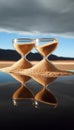 Elegant Pair of Hourglasses Reflecting Time s Passage, Set Against a Stunning Beach and Sky Backdrop Royalty Free Stock Photo
