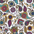 Elegant paisley seamless pattern with colorful Indian buta motif and floral mehndi elements on white background. Motley