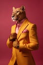 Elegant panter wearing colorful clothes on a pink background. Generative AI