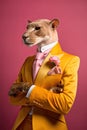 Elegant panter wearing colorful clothes on a pink background. Generative AI