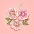 Elegant paper beige and peach pink roses with golden leaves in light pink luxury background, Paper flover composition in