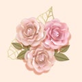 Elegant paper beige and peach pink roses with golden leaves in light soft luxury background, Paper flover composition in