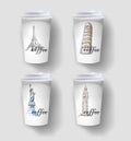 Elegant paper coffee cup design, takeaway cup packaging set with labels.