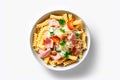 Elegant Pasta Delight: Sliced Ham Arrangement in a Beautifully Presented Dish on White Background