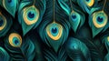 Elegant pattern of overlapping peacock feathers with vibrant colors and inviting space for creative text placement Royalty Free Stock Photo