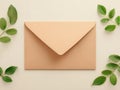 Generative AI Elegant peachcolored envelope with green leaves on a light background for greeting card business con Royalty Free Stock Photo