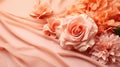 Elegant Peach Roses on Satin Fabric, Romantic Aesthetic Design. GenerativeAI Royalty Free Stock Photo