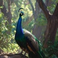 Elegant peacock stands in the midst of natural surroundings