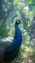 Elegant peacock stands in the midst of natural surroundings