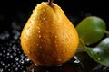 Elegant Pear Drops: Pears with Water Droplets on a Black Background with Leaves - Generative AI Royalty Free Stock Photo