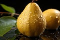 Elegant Pear Drops: Pears with Water Droplets on a Black Background with Leaves - Generative AI Royalty Free Stock Photo