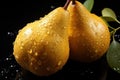 Elegant Pear Drops: Pears with Water Droplets on a Black Background with Leaves - Generative AI Royalty Free Stock Photo