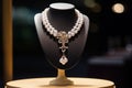 Elegant pearl necklace displayed on velvet jewelry stand. Generative AI