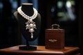 Elegant pearl necklace displayed on velvet jewelry stand. Generative AI