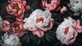 Elegant Peonies in Full Bloom, Dark Floral Background for Serene Ambiance. Perfect Botanical Artwork for Decor. AI