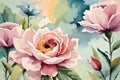 elegant peony flowers watercolor background. beautiful watercolor floral print artwork. flowers painting illustration in pastel Royalty Free Stock Photo