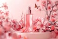 Elegant perfume bottle amidst pink cherry blossoms with a delicate butterfly, evoking spring and femininity Royalty Free Stock Photo