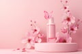 Elegant perfume bottle amidst pink cherry blossoms with a delicate butterfly, evoking spring and femininity Royalty Free Stock Photo