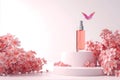 Elegant perfume bottle amidst pink cherry blossoms with a delicate butterfly, evoking spring and femininity Royalty Free Stock Photo