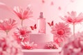 Elegant perfume bottle amidst pink cherry blossoms with a delicate butterfly, evoking spring and femininity Royalty Free Stock Photo