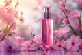 Elegant perfume bottle amidst pink cherry blossoms with a delicate butterfly, evoking spring and femininity Royalty Free Stock Photo