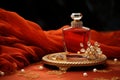 Elegant perfume bottle on opulent fabric - luxury aroma elegance for sophisticated refinement