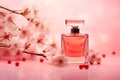 Elegant perfume bottle, pink background. Modern luxury parfum de toilette