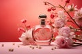 Elegant perfume bottle, pink background